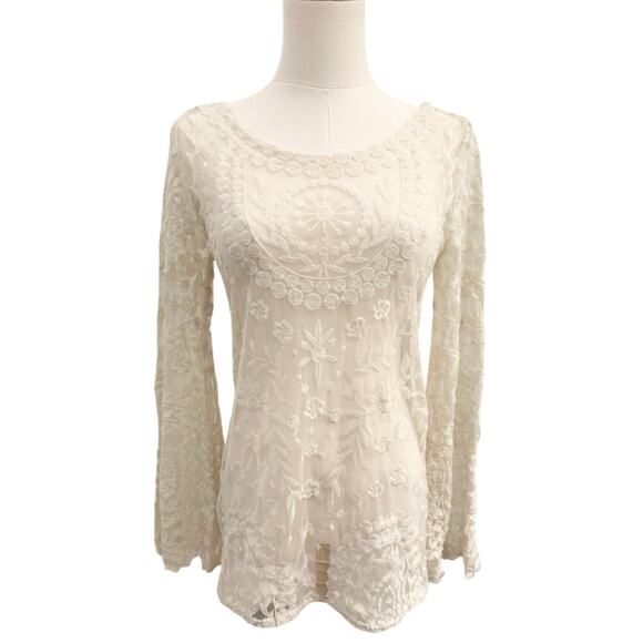 Free People Sheer Cream Lace Long Bell Sleeve Top Embroidery Floral Crochet XS - Picture 3 of 10